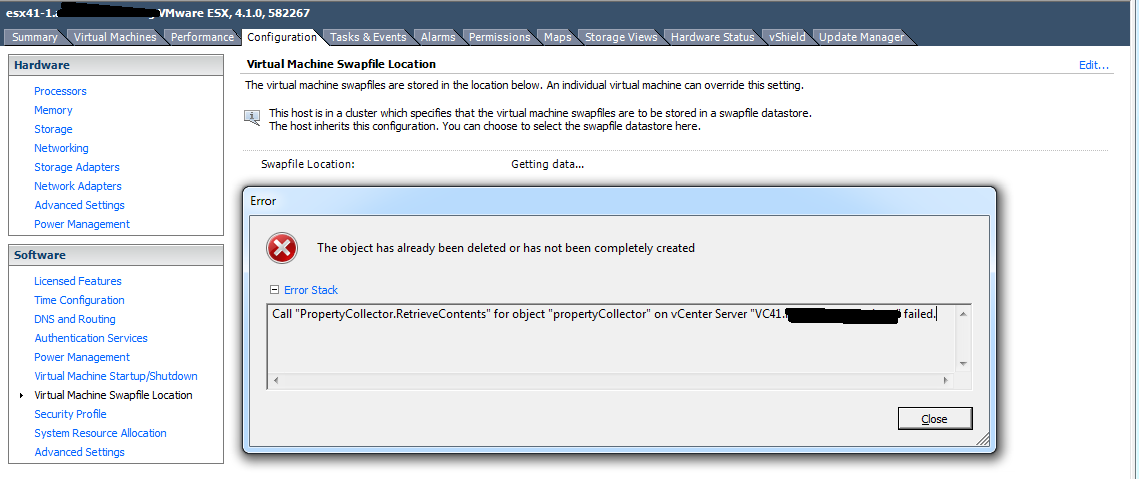 Call "PropertyCollector.RetrieveContents" for object "propertyCollector" on vCenter Server "" failed.