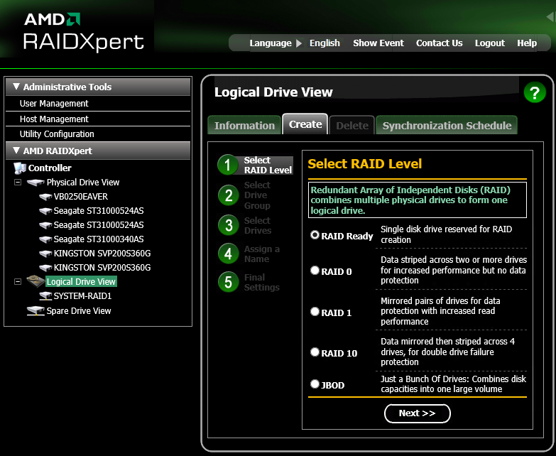 Use RAIDXpert to create individual RAID Ready drives
